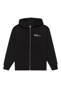 Black zip-up hoodie made of soft fabric, featuring a kangaroo pocket, drawstring hood, and small white text logo on the left chest.
