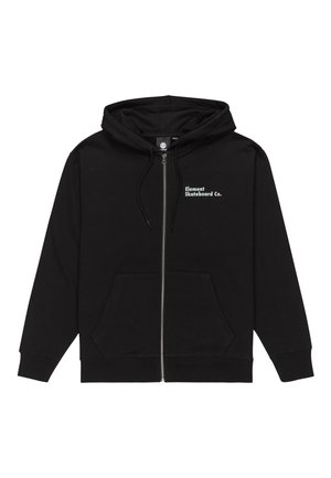 Black zip-up hoodie made of soft fabric, featuring a kangaroo pocket, drawstring hood, and small white text logo on the left chest.