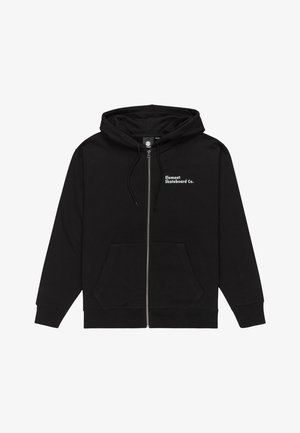 Black zip-up hoodie made of soft fabric, featuring a kangaroo pocket, drawstring hood, and small white text logo on the left chest.