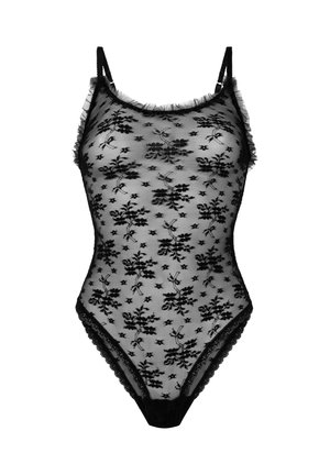 Zwart kanten bodysuit met bloemenborduursel, ruchebandjes en geschulpte randen. Doorzichtig materiaal en een aansluitend ontwerp versterken de elegante uitstraling.