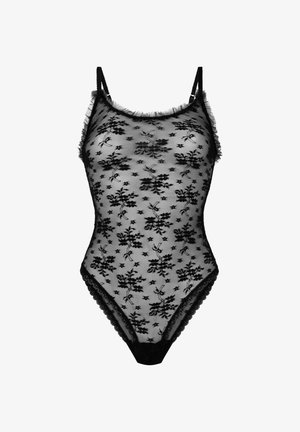 Zwart kanten bodysuit met bloemenborduursel, ruchebandjes en geschulpte randen. Doorzichtig materiaal en een aansluitend ontwerp versterken de elegante uitstraling.