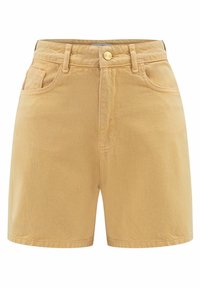 Short en jean beige taille haute avec poches avant, passants de ceinture et fermeture par bouton doré.