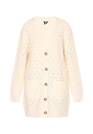Cardigan tricotat de culoare crem, cu un model în diamant, decolteu în V, mâneci lungi, două buzunare frontale și nasturi din lemn pe față.