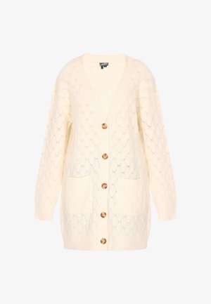 Cardigan tricotat de culoare crem, cu un model în diamant, decolteu în V, mâneci lungi, două buzunare frontale și nasturi din lemn pe față.