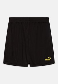 Svarta atletiska shorts i lättviktsmaterial, med ett elastiskt midjeband, två sidofickor och en gul Puma-logga på vänster sida.