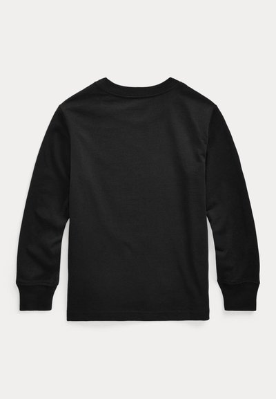 Black long-sleeve crew neck shirt laid flat, showing the back with ribbed cuffs and simple stitching details.