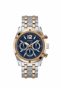 Orologio argentato e dorato con quadrante blu a motivo, tre quadranti secondari e un bracciale in acciaio inossidabile con motivo a spina di pesce.