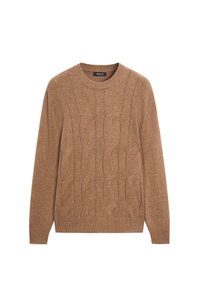 Brauner Strickpullover mit strukturiertem Zopfmuster, rundem Ausschnitt sowie gerippten Bündchen und Saum. Mittelgewichtiger Stoff, lässige Passform.