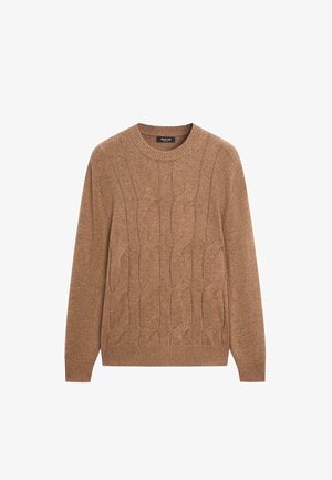 Maglione marrone lavorato a maglia con motivo a trecce testurizzato, scollo tondo e polsini e orlo a costine. Tessuto di peso medio, vestibilità casual.
