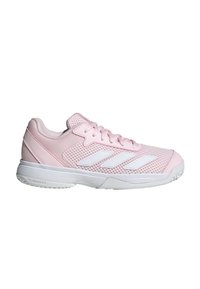 Chaussure de sport en mesh rose clair avec semelle blanche et trois bandes blanches sur le côté, conçue pour le sport ou un usage décontracté.