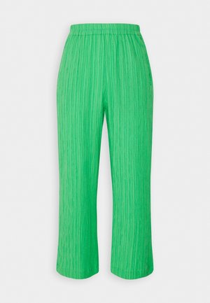 Bright green wide-leg pants with textured vertical lines and an elastic waistband on a white background.