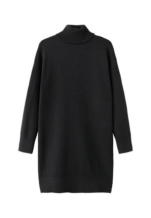 Suéter negro de cuello alto hecho de un suave tejido de punto texturizado. Presenta un corte holgado y mangas largas, con acentos de canalé en el cuello y el dobladillo.