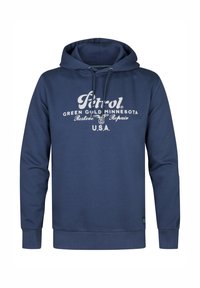 Felpa blu navy realizzata in tessuto morbido, con tascone frontale a marsupio, cappuccio con cordino e testo stampato bianco: "Petrol Green Gold Minnesota USA."