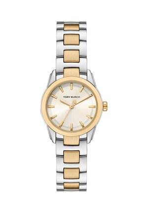 Two-tone silver and gold Tory Burch wristwatch with round face, gold hour markers, and linked metal band.
