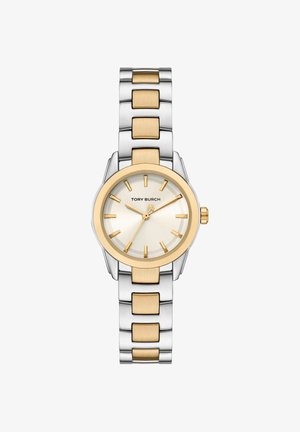 Two-tone silver and gold Tory Burch wristwatch with round face, gold hour markers, and linked metal band.