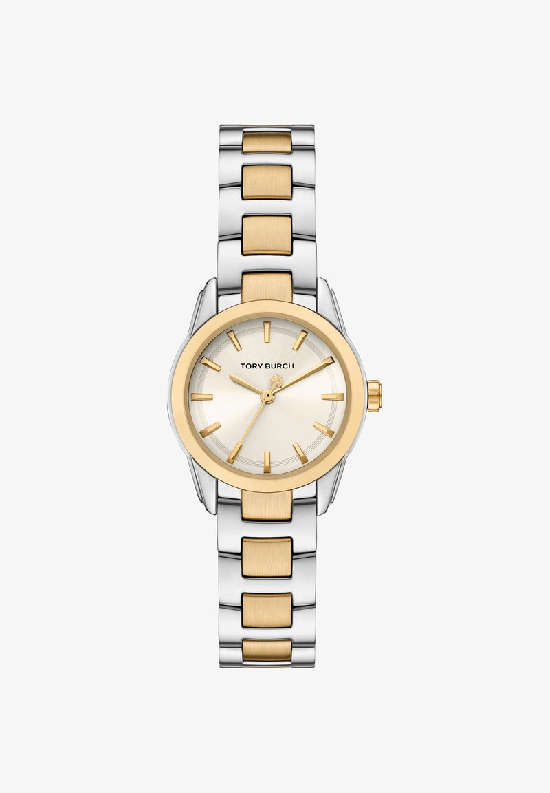 Montre-bracelet Tory Burch bicolore argent et or avec cadran rond, index dorés et bracelet en métal à maillons.