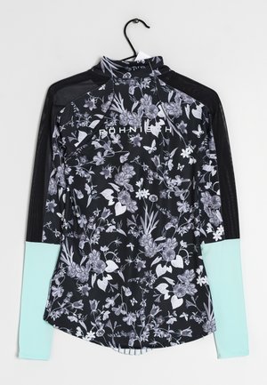 Haut de sport noir à manches longues avec motif floral, poignets bleu clair, épaules en mesh et logo "RÖHNISCH" sur le haut du dos.