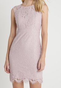Robe en dentelle rose clair avec une silhouette ajustée, des manches courtes et un ourlet festonné. Présente des motifs floraux et des détails en dentelle texturée.