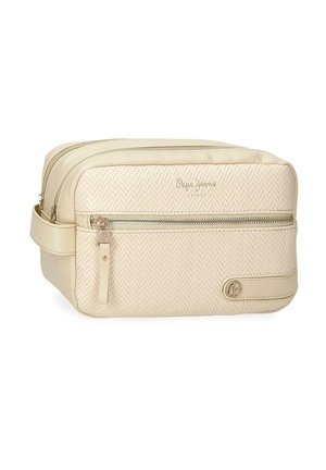 Neceser de color crema con textura, bolsillo frontal con cremallera, asa lateral y letras y emblema del logo de Pepe Jeans.