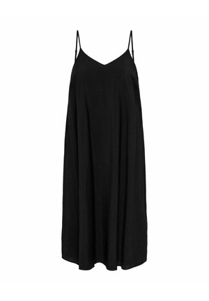 Čierne midi šaty bez rukávov s tenkými nastaviteľnými ramienkami a voľným, prúdiacim strihom.