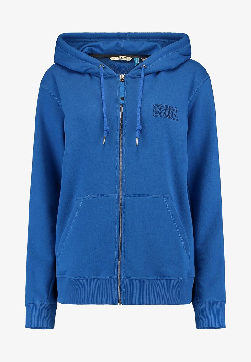 Sweat à capuche bleu zippé avec poches avant, capuche à cordon et petit logo O'Neill sur la poitrine gauche.
