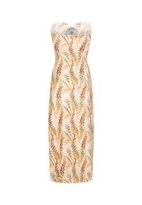 Strapless Maxikleid mit einem mehrfarbigen Zickzack-Muster in Orange, Braun und Grün auf einem hellen Hintergrund, mit einem taillierten Oberteil.