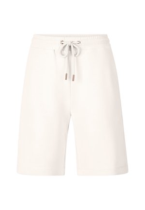 Shorts en mélange de coton blanc avec une taille élastique, fermeture à cordon et accents en métal doré. Texture lisse ; design à longueur de genoux.
