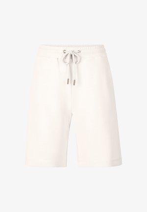 Fehér pamut keverék rövidnadrág, rugalmas derékpánttal, húzózsinórral és aranyszínű fém kiegészítőkkel. Simaság jellemzi; térdhosszú dizájn.