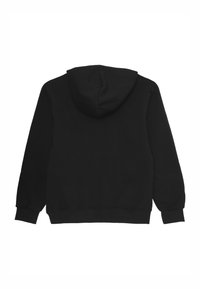 Felpa nera realizzata in tessuto morbido, dotata di tasca a marsupio, polsini elasticizzati e cappuccio con coulisse. Design semplice senza ulteriori motivi.