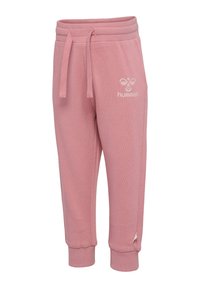 Rosa joggers i mjukt bomullsblandning, med midjeband och dragsko, ribbade mudd på ärmarna och Hummel-logotyp tryckt på sidan.