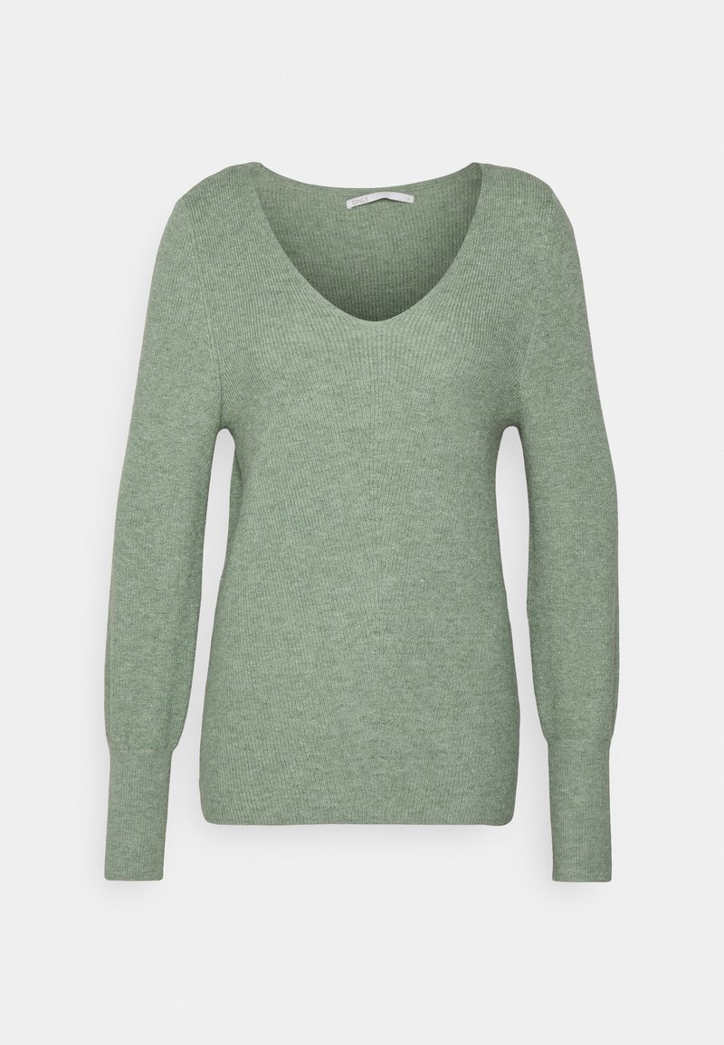 Green knitted sweater with a V-neck, long sleeves, and ribbed texture. Features a slim fit and minimalistic design.
