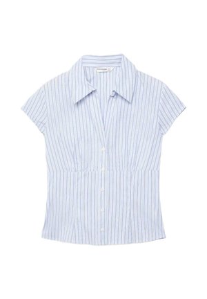 Bledo modra in bela bluza s kratkimi rokavi, navpične črte, z gumbi spredaj in koničastim ovratnikom.