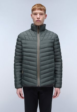 Gevoerde jas in donkergroen met een hoge kraag, voorzien van horizontale stiksels, een rits aan de voorkant in een contrasterende kleur en geribbelde manchetten.