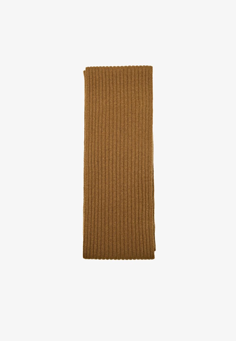 Ribbade bruna scarfen, rektangulär form, stickad textur med ett konsekvent mönster, mjukt material, vikt prydligt.