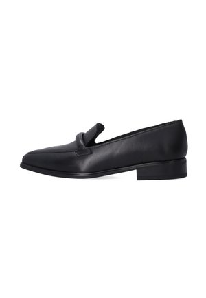 Black leather loafer shoe with a flat heel, pointed toe, and stitched detailing. Features a front accent strap. Smooth texture and simple design.