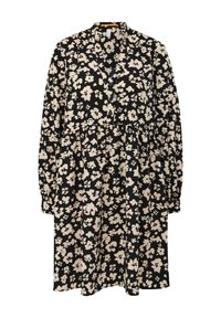 Robe noire à manches longues avec motif floral abstrait beige, boutonnée devant et taille froncée.