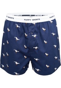 Tummansinisiä bokserihousuja, jotka on valmistettu kankaasta, jossa on valkoisia merimetson kuvioita. Niissä on elastinen vyötärö, jossa on teksti "HAPPY SHORTS", sekä etunappi.