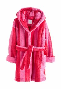 Fleece robe with a hood, featuring alternating stripes in light and dark pink. Includes a tie belt and side pocket. Soft texture.