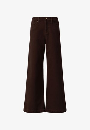 Braune weit geschnittene Hosen aus Baumwolle mit hoher Taille, Fronttaschen und einem Knopfverschluss mit goldfarbenen Details.