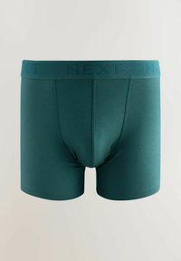 Boxeri pentru bărbați de culoare teal, confecționați dintr-un material neted, având o culoare solidă, un brâu elastic cu marcă și un design ajustat, fără modele.