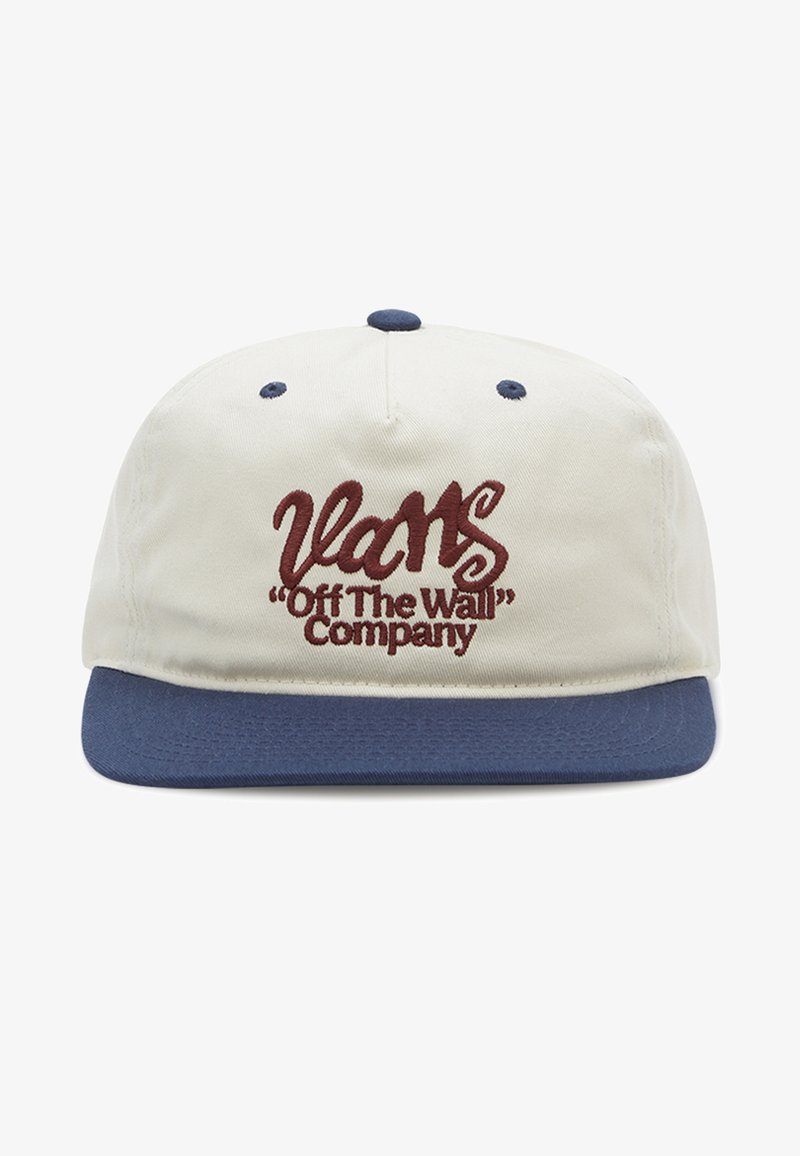 Cappellino beige con visiera blu. "Vans" e "Off The Wall Company" ricamati in bordeaux. Materiale in cotone, con sei fori per la ventilazione.