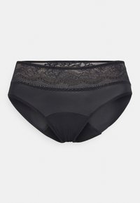 Black high-waisted underwear with a lace waistband. Smooth fabric, lace trim, and decorative stitching along the edges.