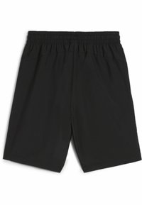 Pantalones cortos negros con cintura elástica, hechos de tela ligera. Cuenta con dos bolsillos laterales y una textura suave. Diseño simple.
