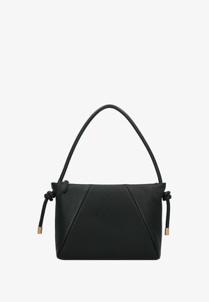 Schwarze Handtasche aus strukturiertem Leder mit einem einzelnen oberen Griff und verknoteten Riemenenden mit goldfarbenen Metallspitzen.