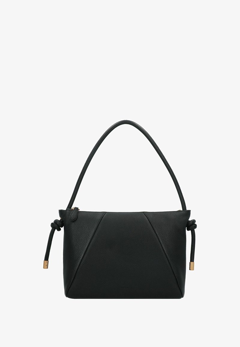 Borsa nera in pelle texturizzata con un manico superiore singolo e estremità della tracolla annodate con punte in metallo color oro.