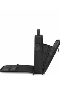 Czarna teczka z materiału, zamykana na zamek, z uchwytem i wewnętrznymi kieszeniami. Gładka tekstura, elegancki design i praktyczny układ.