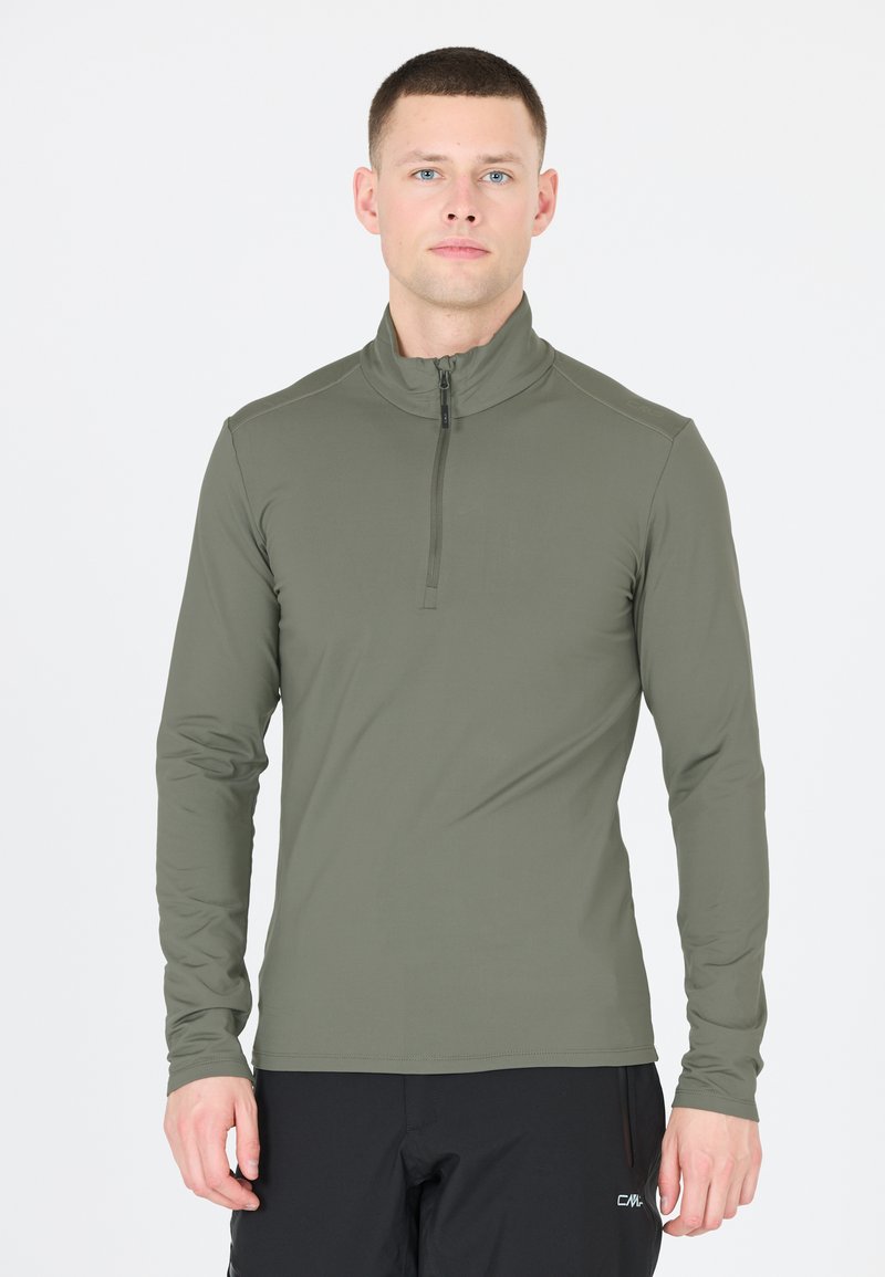 Langærmet, zip-up top i olivengrøn, lavet af glat og strækbart stof. Har en opretstående krave og kontrasterende syninger.