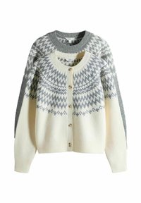 Sweter kardigan w kolorze kremowym z szarymi wzorami geometrycznymi, z okrągłym dekoltem, zapięciem na guzik oraz ściągaczami przy mankietach i dolnej krawędzi.