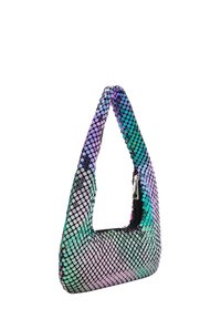 Holografische Schultertasche mit glänzender Oberfläche, die einen Farbverlauf von Grün, Lila und Schwarz aufweist, und einem Reißverschluss oben.