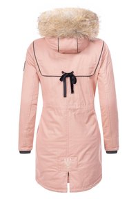 Long pink jacket with faux fur hood, adjustable black drawstring, contrast piping, and logo patch on the back. Features a rounded hem.